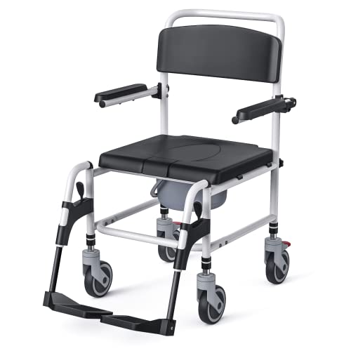 Aiho Mobile Shower Chair On Wheels With Commode Bedside Commode With Locking Wheels, Detachable Bucket, Padded Seat. Toilet Commode Chair For Seniors Disabled Injured 300Lbs #TOP7