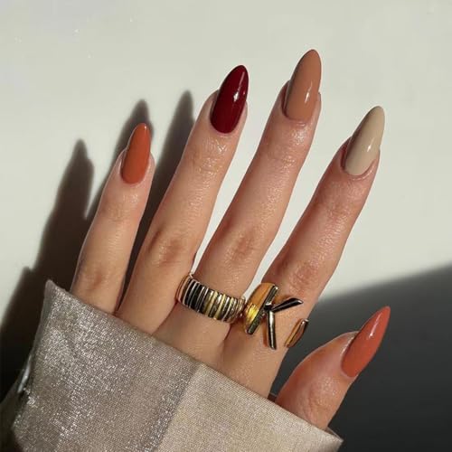 Fall Press on Nails Medium Almond Fake Nails Autumn Vibe False Na...