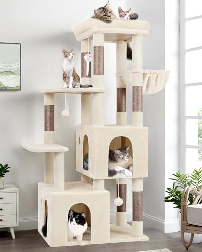 Globlazer-Cat-Tower-for-Indoor-Cats-Heavy-Duty-Cat-Trees-for-Large-Cats-Adult-Big-Cats-Maine-Coon-Cat-Tree-Tower-with-Scratching-Post-Extra-Large-Top-Perch-Cat-Condos-F61-Beige-61inch Globlazer Cat Tower for Indoor Cats, Heavy Duty Cat Trees for Large Cats Adult Big Cats Maine Coon Cat Tree Tower with Scratching Post, Extra Large Top Perch, Cat Condos, F61, Beige, 61inch - Image 1