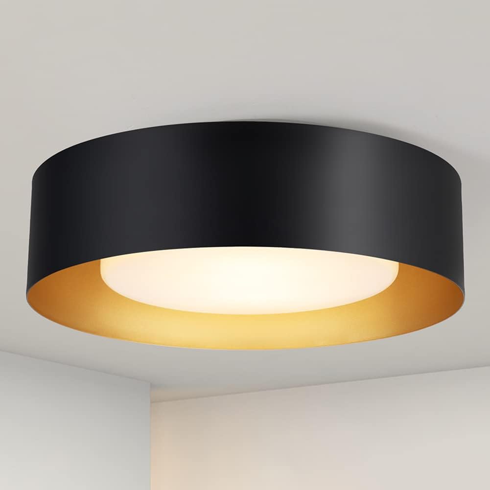 Modern Black and Gold Flush Mount Ceiling Lights, 16.5" Minimalist Glass Round Ceiling Lighting, Drum Close to Ceiling Light Fixtures for Living Room, Bedroom, Dining Room, Kitchen, Hallways Black and Gold-Glass 16.5 IN