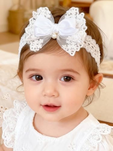 Amazon.com: ICKEYOU Baby Girls Headband White Bow Lace Headbands Soft ...