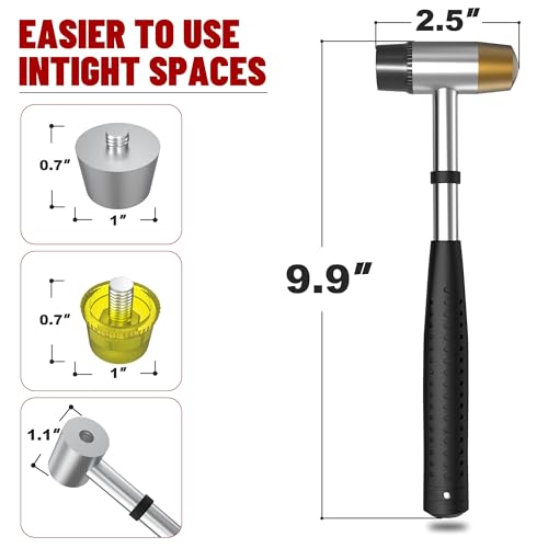 Image of Small Brass Hammer with 4 Interchangeable 1-Inch Heads: Brass, Nylon, Aluminum, Rubber, Hammer Mallet for Jewelry, DIY Projects and More (2 Pack)