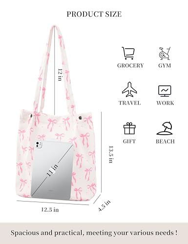 Image of Corduroy Tote Bag Cute Tote Bags for Women Shoulder Bag with Inner Pocket for Work Beach Travel and Shopping Grocery