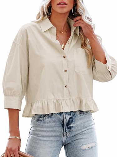 Cicy Bell Womens Cropped Button Down Shirts 3/4 Length Sleeve Casual Cotton Blouses Loose Fit Ruffle Hem Tops Khaki
