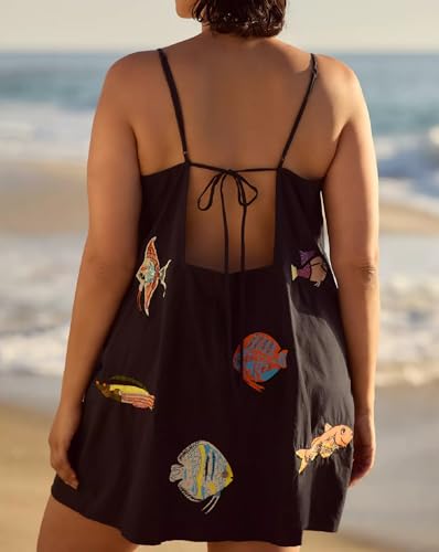 Image of ROAONOCOMO Women Boho Graffiti Cami Mini Dress Spaghetti Strap Printed A Line Short Dress Cute Colorful Sundress
