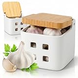 KOOK TIME Bote de ajos cocina con tapa de madera de bambú - Tarro de cocina para guardar ajos, de cerámica con agujeros de ventilación para su conservación óptima - Medidas: 11.5x11.5x11.5 cm