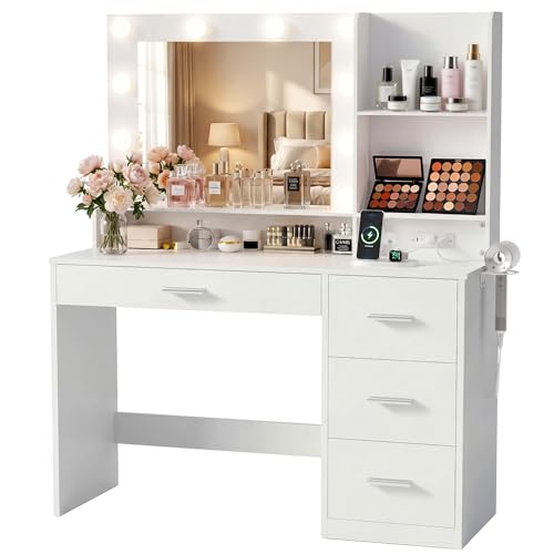Image of YESHOMY 39 inch Vanity Desk with Mirror & Lights, Makeup Vanity Table with Power Outlet & Storage Drawers, 3 Color LED Lighting, Dressing Table for Bedroom,Modern White
