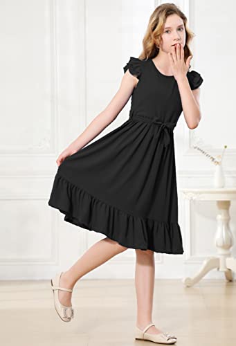 RETSUGO Girls Dresses Ruffle Sleeve Dress Flutter Hem A-Line Swing Pleated Tiered Casual Solid Color Party Dress 6-14 Years4