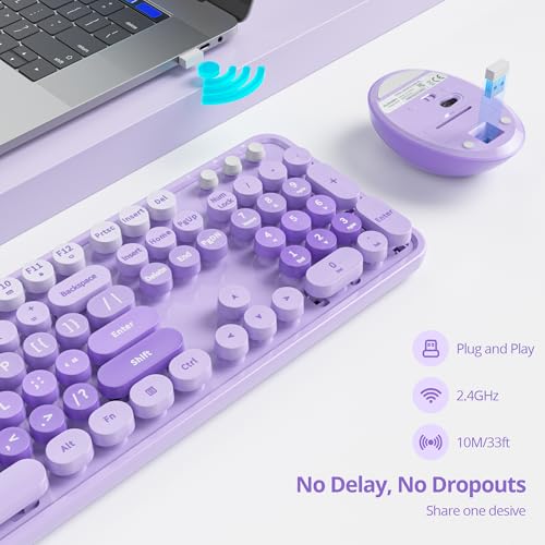 Image of GTSP Colorful Purple Wireless Keyboard and Mouse Combo, Retro Typewriter Wireless Full-Size Cute Office Keyboard 2.4GHz with Round Keycaps for Desktop Laptop and PC (Cute Purple)