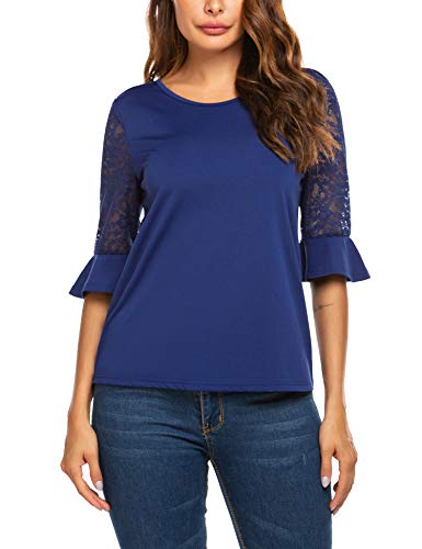 Meaneor 3/4 Sleeve Women Tops and Blouses Solid Lace Summer Tops Round Neck T-Shirts for Women S-XXL (Navy Blue, Medium)