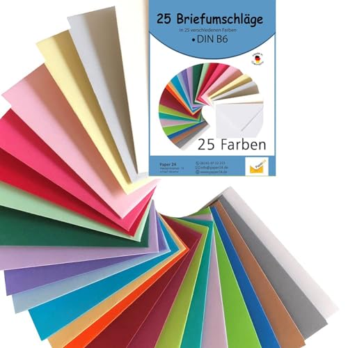 Pack of 25 Coloured Envelopes in 25 Different Colours, Self-Adhesive, Ideal for Crafts, Christmas or as a Gift Idea DIN B6