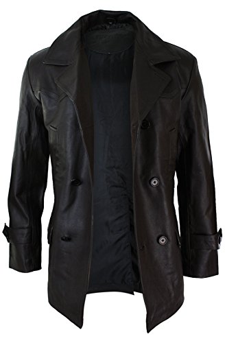 Mens Real Leather 3/4 Double Breasted Pea Coat Sherlock Sailor Classic3