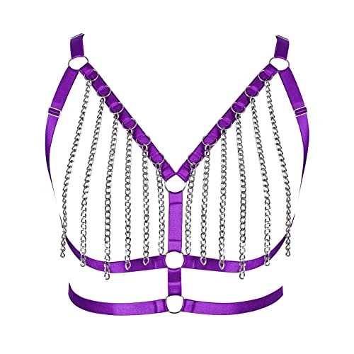 Women's Body Harness Bra Plus Size Metal Chain Hollow Bra Punk Gothic Halloween Carnival Party Dance Fashion Costume (Purple)