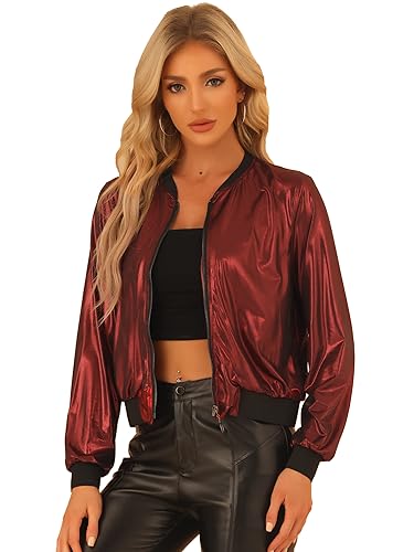 Allegra K Women's St. Patrick's Day Sparkly Holographic Lightweight 90S Halloween Shiny Metallic Bomber Jacket Small Red
