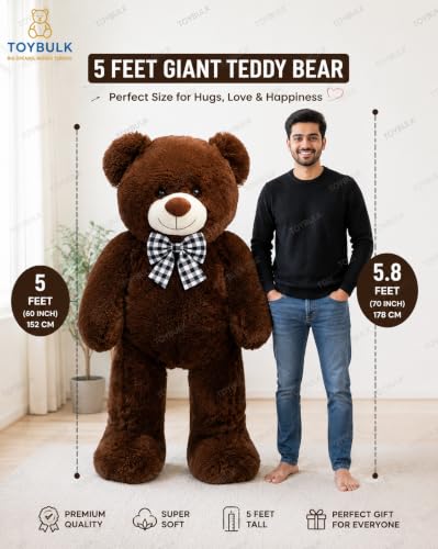Image of 5 Feet Chocolate Teddy Bear Original 20 mm Dull Chocolate Fur (60 Inches) Giant Soft Plush Toy | Premium Stuffed Teddy Bear for Kids, Girls, Boys & Loved Ones | Birthday, Anniversary