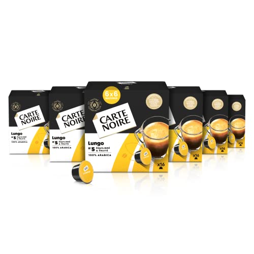 Carte Noire, Café Lungo, 96 Capsules de Café Compatibles avec Machines Nescafé Dolce Gusto, avec un Goût Équilibré et Notes Aromatiques Fruitées, 100% Arabica, 6 Paquets de 16 Capsules pour Espresso