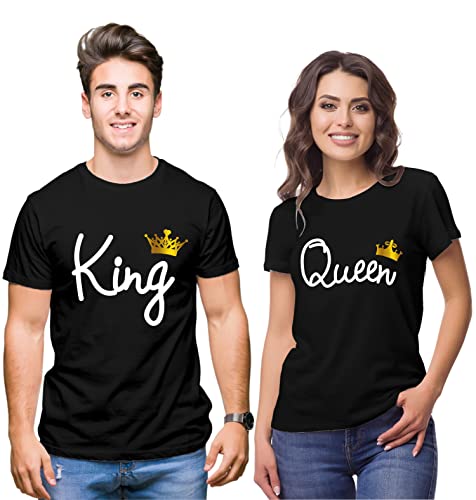 Image of Hangout Hub Hangout-Hub110 King Queen Couples Tshirt for Couple | Printed T-Shirts for Boyfriend Girlfriend and Husband Wife | Regular Fit (Set of 2, Cotton)