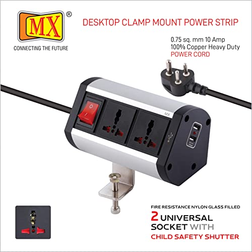 Image of MX Premium Power Console 16 Amp 6 Universal Sockets with 2 USB Charging Port Extension Board - with Removable Desk Clamp Power Strip Master Switch (Desk Clamp Power Strip-6 /13 AMP- 2 Outlets + 2 USB)