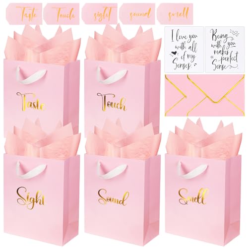 Gold Foil 5 Senses Gift Bags for Him with Labels Envelopes and Cards Sight Smell Touch Taste Sound Gift Bags with Tissue Handle for Birthday Anniversary Mothers Day Valentines Day 10x8x4inchPink)