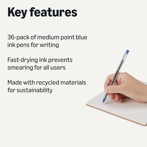 Image of Amazon Basics Ballpoint Pens, Medium Point 1.0mm, Blue Ink, 36-Pack