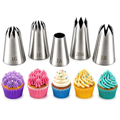 5 Pack Stainless Steel Seamless Piping Icing Tips 1G 1E 1B 356 1A, Large Piping Nozzle, Cake Decorating Tools for Cupcake Baker