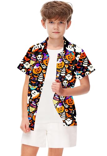 Image of Remimi Unisex Kids Halloween Shirt Boys Pumpkin Ghost Shirts Hawaii Button Up Tops 5-14 Years