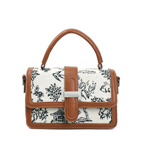 Image of EXOTIC Rosetta Structured Sling Bag for Women | Printed Panel Handbag with Top Handle & Detachable Crossbody Strap | Multi-Compartment Satchel Purse