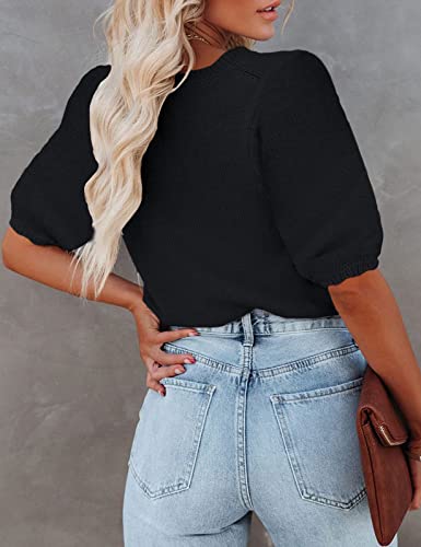 Image of Womens Short Sleeve Sweaters Crewneck Knit Pullover Tops 2025 Summer Casual Lightweight Crochet Blouse Shirt