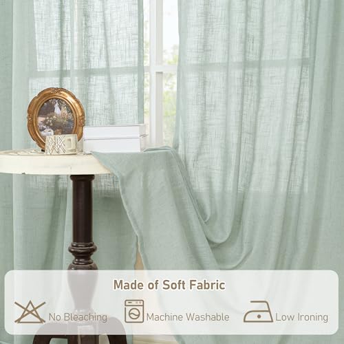 LAMIT 63 Inch Semi Sheer Linen Curtains, Light Filtering Panels Back Tab and Rod Pocket Neutral Drapes for Bedroom/Living Room, Light Sage, 2 Panels, 34 x 63 Inch