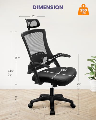 NEO Chair Office High Back Mesh Headrest Adjustable Height and Ergonomic Design Home Office Computer Desk Executive Lumbar Support Padded Flip-up Armrest Swivel Chair (Black)