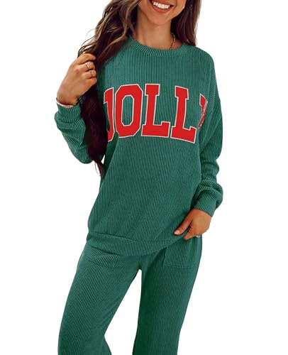 SELINK Christmas Pajamas for Women JOLLY Corded Long Sleeve Top and Pants Matching Lounge Set with Pockets Green-L
