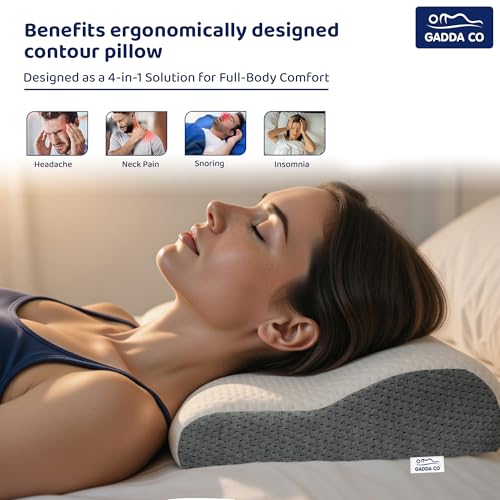 Image of GADDA CO Memory Foam Cervical Neck Pillow for Neck & Shoulder Pain -Orthopedic Pillow for Sleeping, Posture & Spinal Alignment, Pain Relief, Size-19.5x11x3.5 in, White & Grey Jacquard, 2-Year Warranty