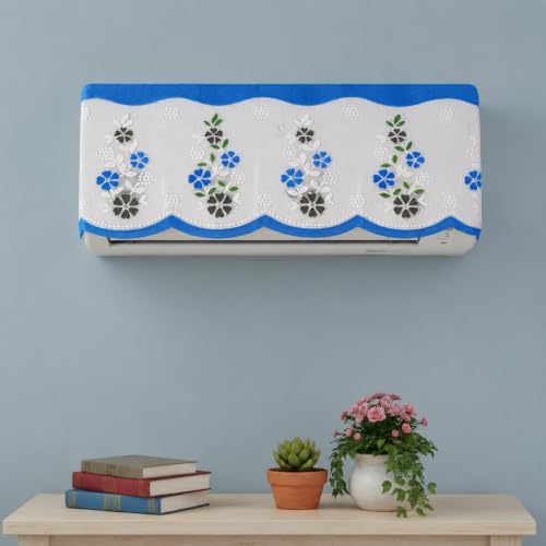 Image of Premium Cotton Net AC Cover for 1.5-2 Ton Split Air Conditioner | Dust Protection AC Indoor Unit Cover for Summer | Embroidered & Printed | Pack of 1 (Blue Flower)