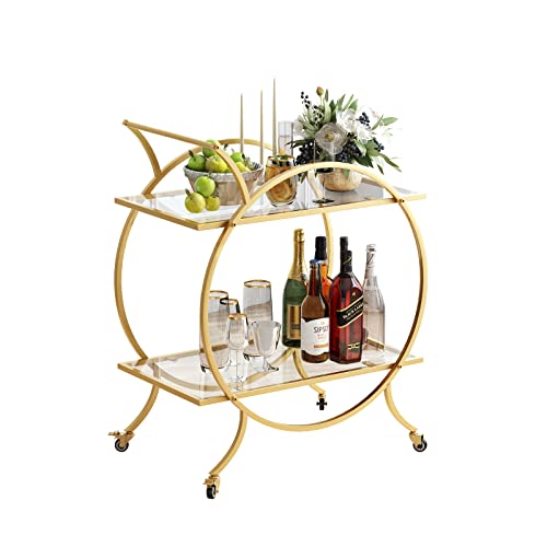 Lormiter Gold Bar Carts For The Home Bar Serving Cart, Rolling Bar Cart Gold With Lockable Caster Wheels, Glass Bar Carts With 2 Mirrored Shelves, Storage Round Wine Carts For Kitchen, Party #TOP6