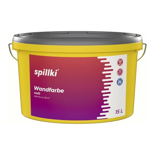Spillki Innenfarbe universelle Wandfarbe, 15 Liter, weiß, Stumpfmatt, Wand- und Deckenfarbe, für ca. 120 m², hohe Deckkraft, einfache Anwendung