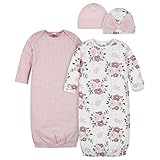 Gerber Baby Girls' 4-Piece Organic Gown and Cap Set, Pink Floral, 0-6 Months