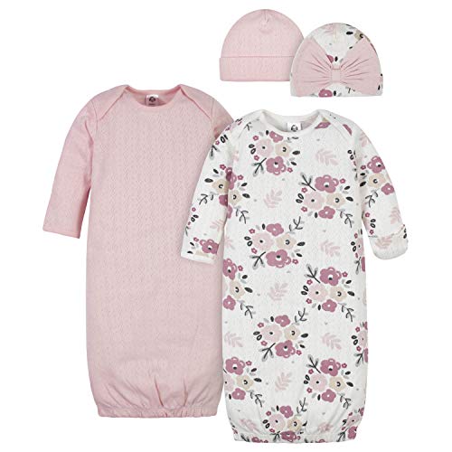 Gerber Baby Girls' 4-Piece Organic Gown and Cap Set, Pink Floral, Newborn