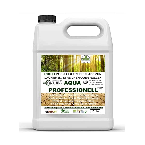 CONTURA 10 Liter Parkettlack Grundierung und Parkettsiegel XL Aqua Professionell Treppenlack 2in1 Geruchsneutral 100% Vegan (Seidenglanz Farblos)