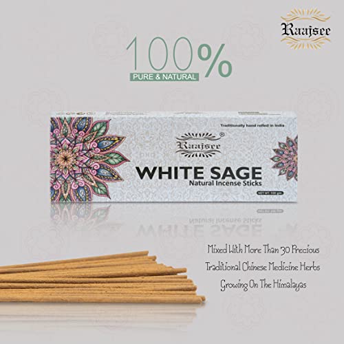 Raajsee Incense Sticks White Sage 100 Gm Pack-100% Pure Organic Natural Hand Rolled Free From Chemicals-Perfect For Church, Aromatherapy,Meditation,Positivity & Sensual Therapy #TOP2