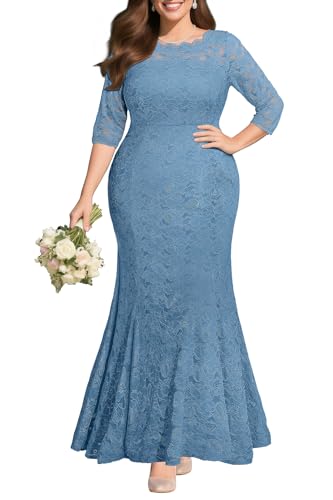 Plus Size Dusty Blue Lace Dresses Mother of Bride Groom Long Mermaid Formal Wedding Guest Bridesmaid Prom Evening Gowns