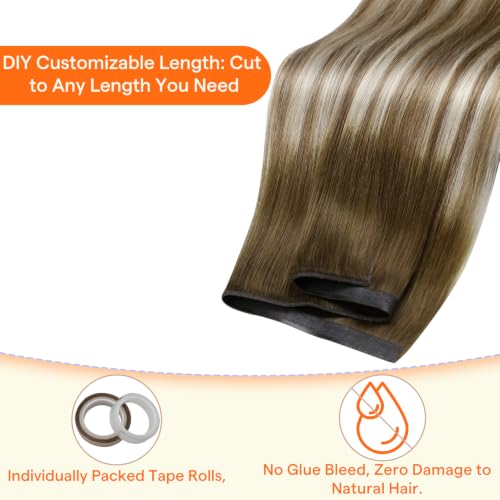 Image of Full Shine Hand Tied Tape in Extensions Human Hair, 50g 20 Inch | Brown to Ash Blonde Balayage, Human Hair Tape in Extensions with Hand Tied Weft, No Glue Design for Added Volume