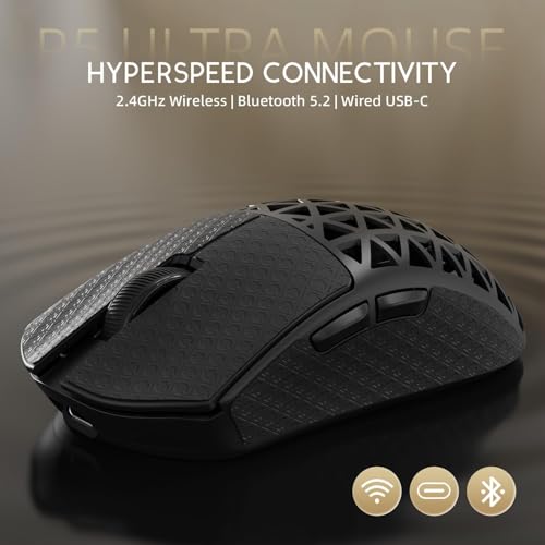Image of ATTACK SHARK R5 Ultra Wireless Gaming Mouse,Carbon Fiber Shell 39g Superlight,PAW3950MAX Nordic 52840 MCU 8K Polling 42K DPI Optical Sensor,BT /2.4G /USB-C Wired Mice with Coiled Cable-Black&Griptape
