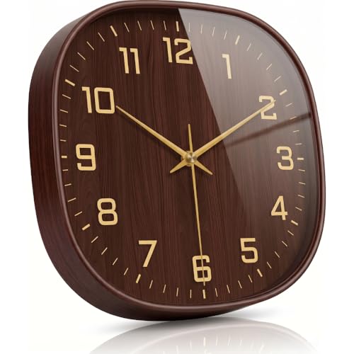 Image of STAR WORK 12 inch Inch Square Silent Non-Ticking Quartz Movement Wall Clock with Analog & Digital Display | Easy-to-Read Numbers | Modern Design for Living Room, Bedroom or Office (Walnut - Gold)