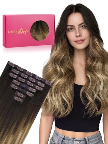 WENNALIFE Seamless Clip in Hair Extensions Real Human Hair, 14 Inch 110g Dark Brown to Chestnut Brown and Dirty Blonde Highlighted Invisible PU Skin Weft, Natural Thick Real Hair Clip Ins for Women