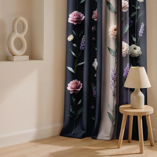 Image of Ultimate Trends Room Darkening Digital Printed 3D Prints Curtain 65-70% Opacity,Diamond Eyelets, Tie Back, Floral Decorated, 7 FEET Pack of 2,Blue Purple