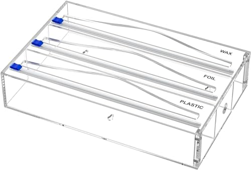 KDSKSC Tin Foil Organizer for Drawer with 12 Labels, Plastic Wrap Dispenser with Cutter, 3 in 1 Acrylic Aluminum Foil Holder, 2 Drawer Organizer for Kitchen Compatible with 12" Roll