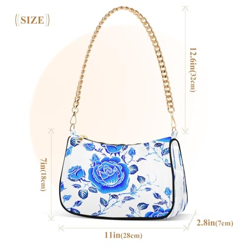 Shoulder Bag for Women Blue Roses White Tote Handbag Crossbody Bag with Zipper Closure3