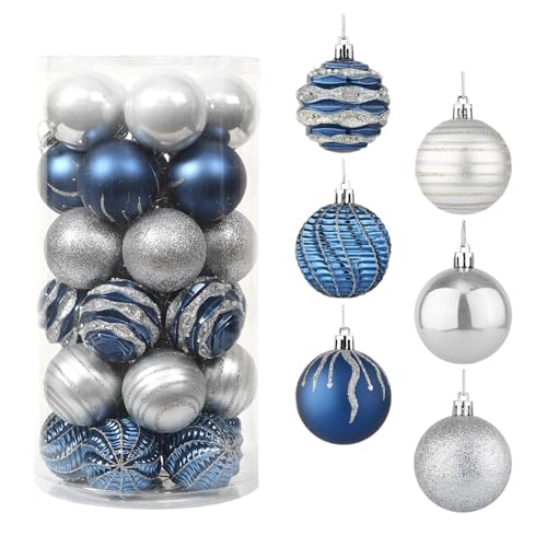 Sattiyrch Christmas Ball Ornaments 30ct, 60mm/2.36" Shatterproof Plastic Decorative Xmas Balls Ornaments Set (Blue and Silver)