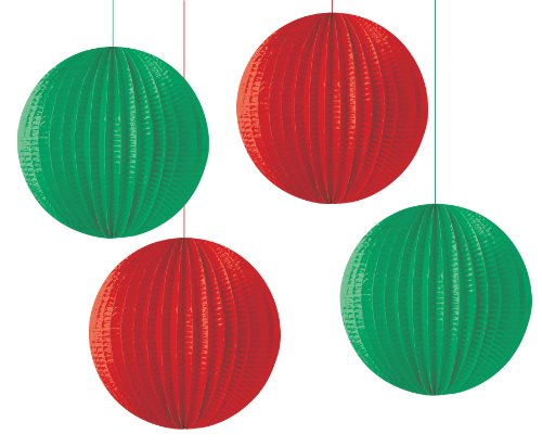 4-Piece Round Paper Lantern Hanging Decorations, Red and Green