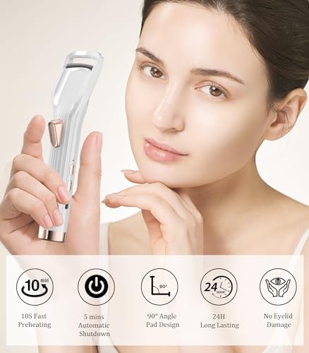 Heated Eyelash Curler Premium PRO - Fast Heat up in 8s - 24 Hours Long Lasting - Rechargeable Electric Eyelash Curler with Type-C, Innovative L Silicone, 2 Heat Modes, Anti-Burn Eyelid, White-CA
